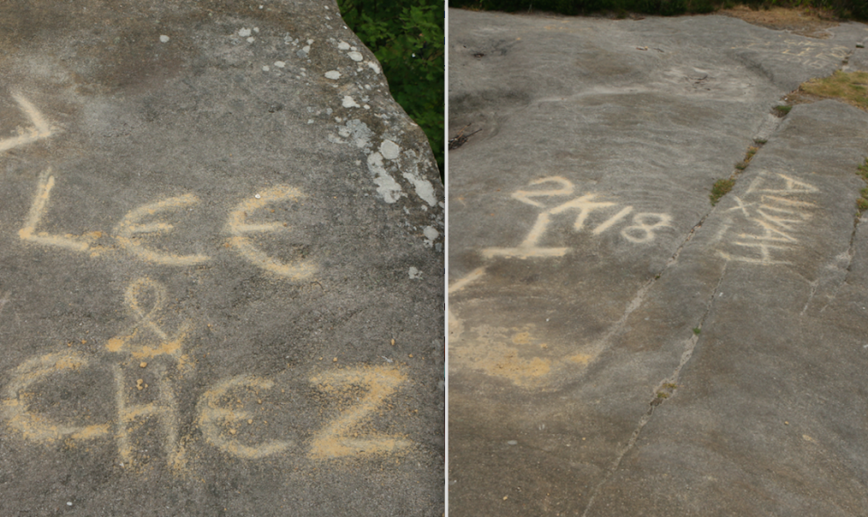 <em>Graffiti was scratched into the rock close to where one of the stones was toppled (SWNS)</em>