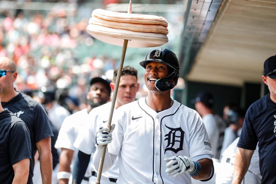 Detroit Tigers designated hitter Justyn-Henry Malloy (44) celebrates a 1-run home run against Washington Nationals during the sixth inning at Comerica Park in Detroit on Thursday, June 13, 2024.