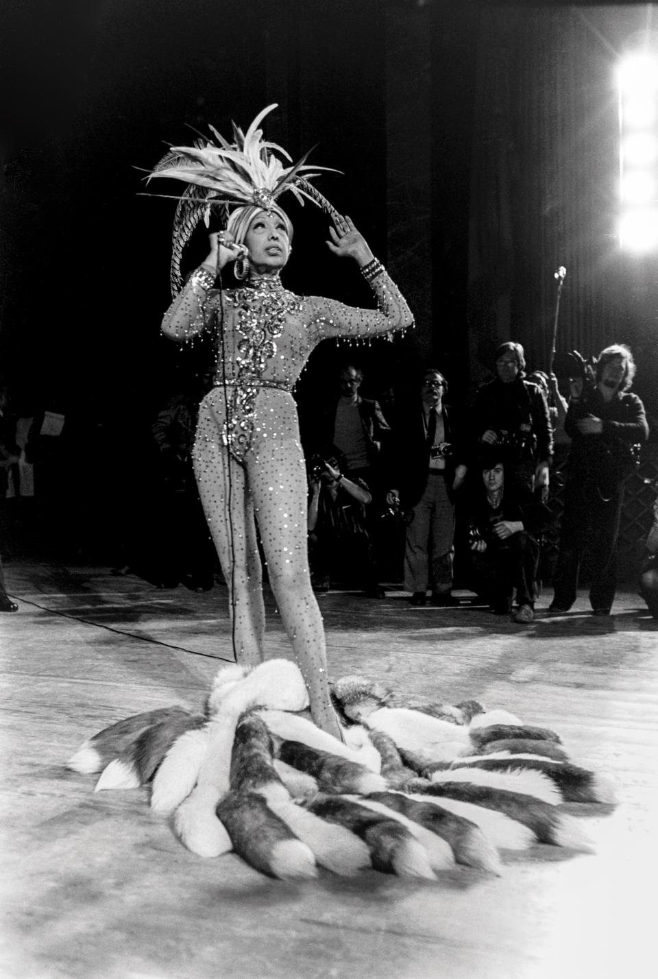 The iconic Josephine Baker performs onstage at the Battle of Versailles, Versailles, France, November 27, 1973.  From Black in Fashion, published by Union Square & Co. in 2024. Photo by Reginald Gray, courtesy WWD/Fairchild Media.