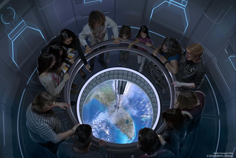 The adventure begins when a crew member invites guests to step inside the restaurant’s space elevator and prepare for liftoff. Guests will feel as if they are on a scenic excursion traveling 220 miles directly above Earth's surface, docking at the Centauri Space Station suspended just beyond the orbit of Mission: SPACE. Upon their arrival at the restaurant, guests will be guided to their seats past the grow zone, a spinning wall of produce that mimics Earth’s gravity and represents some of the fresh ingredients used by the culinary team. (Disney)