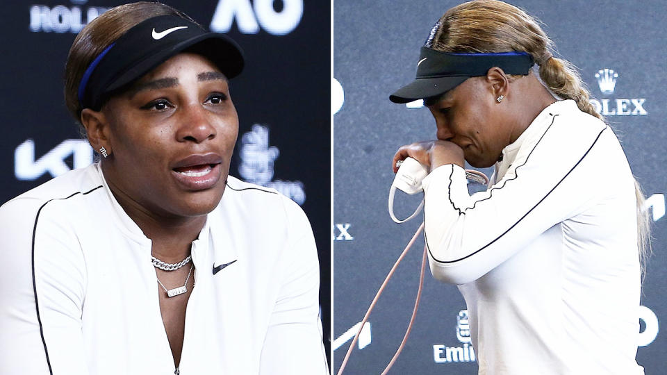 Serena Williams, pictured here breaking down in tears at the Australian Open.