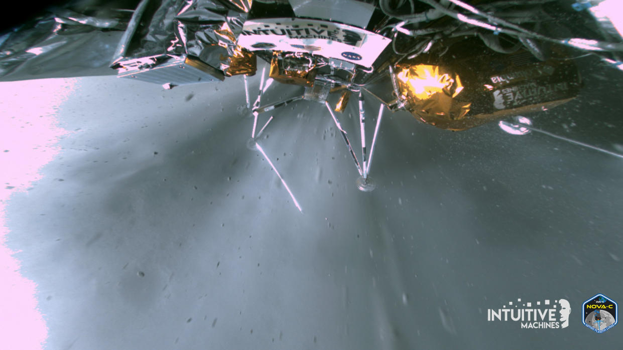  Closeup photo showing a spacecraft landing on the moon. 