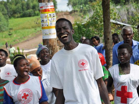 Ibrahim never went to school but he uses his talent in music and drama to reach even the most educated with Ebola prevention messages (Uganda Red Cross/Aggrey Nyondwa)