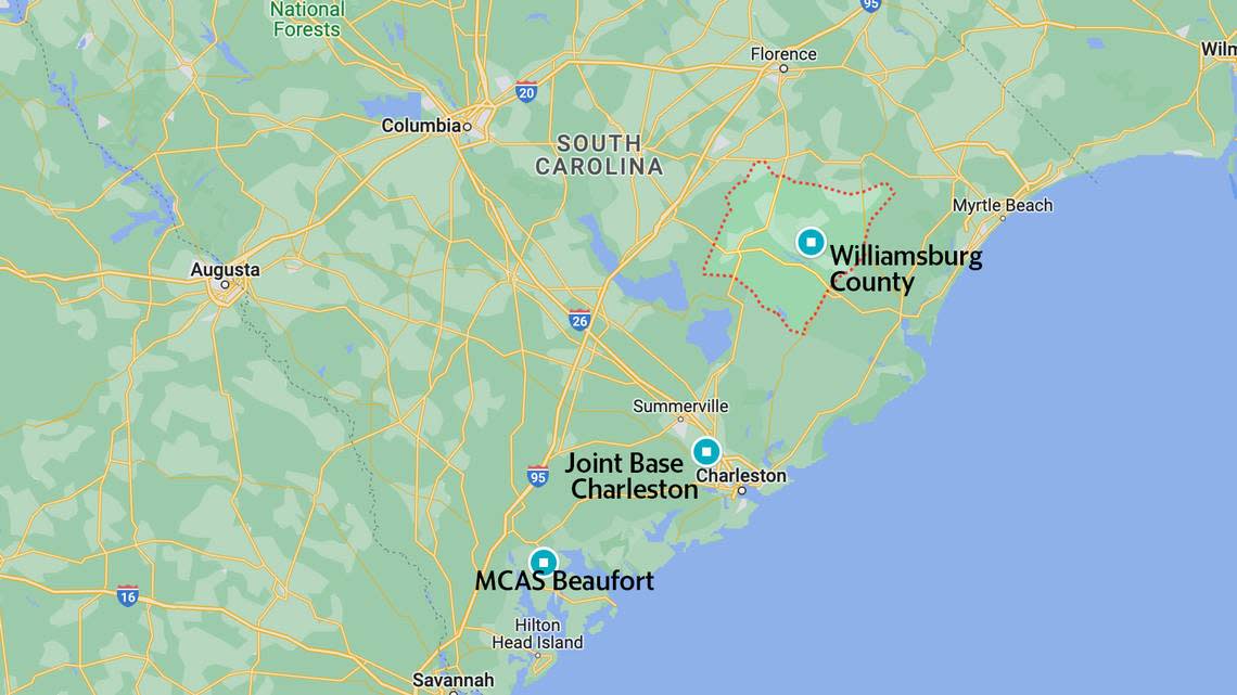 Site locator for MCAS Beaufort Lightning II fighter jet downed in Williamsburg County, SC.