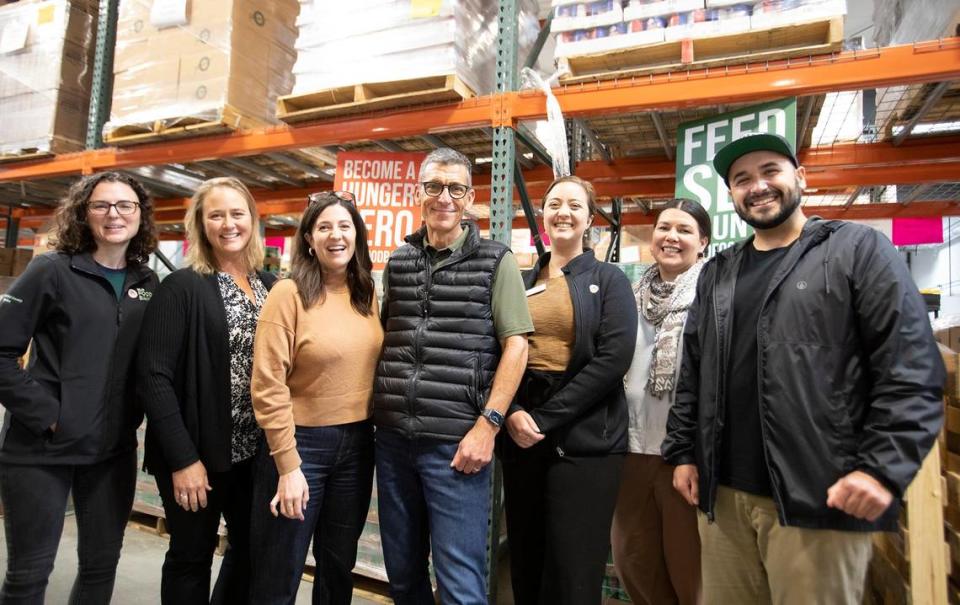 SLO Food Bank CEO Garret Olson talks about a coming surge in demand for the food bank’s services, which has followed a pattern of peaks and valleys in demand recently. Olson’s team of manager from left, Emily Hansen, procurement and food safety manager, Andrea Keisler, community programs director, Molly Kern, chief operating officer, Garret Olsen, chief executive officer, Kelly Boicourt, partner service manager, Branna Still, development director, Cliff Mendez, direct services manager. Vanessa Rodriguez, Cal Fresh outreach manager is not pictured.