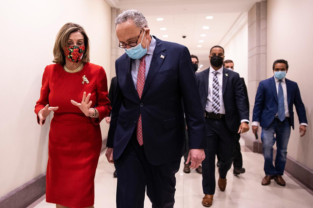 Speaker Nancy Pelosi and Senate Minority Leader Chuck Schumer would be more than happy to pass a $2,000 stimulus check proposal. (Getty Images)