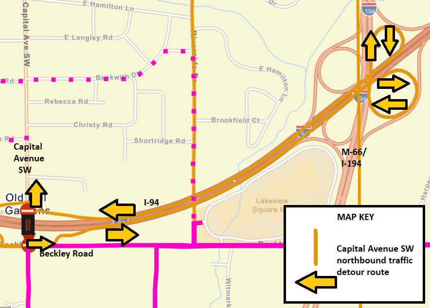 The northbound traffic detour for the upcoming Capital Avenue bridge project is shown.