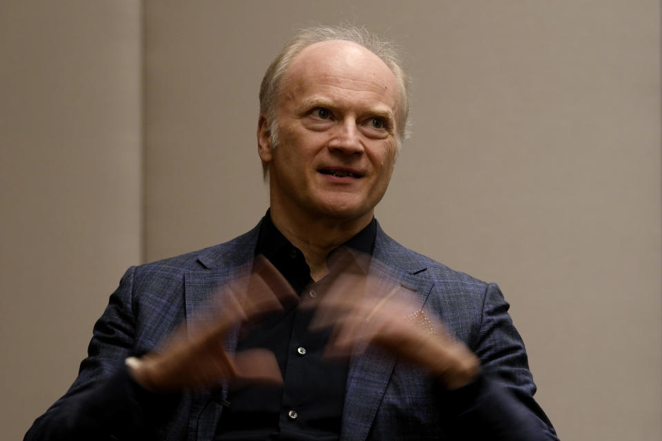 Music Director of the National Symphony Orchestra (NSO) Gianandrea Noseda talks with journalist during an interview with Associated Press in Milan, Italy, Monday, Feb. 26, 2024. (AP Photo/Antonio Calanni)