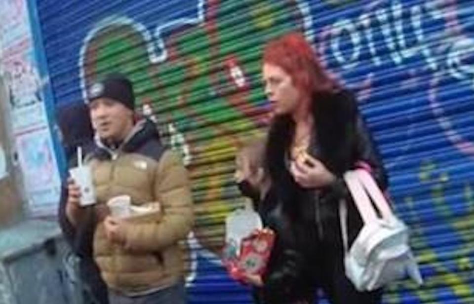 Tiolah is pictured in between the unknown man and Annmarie Lawton in East Street, Bedminster, on Wednesday. (Avon and Somerset Police)