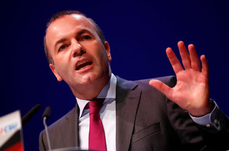 Manfred Weber, the EU candidate of the two German conservative sister parties Christian Democratic Union party CDU and Bavaria's Christian Social Union party CSU speaks during their kickoff campaign for the European elections in Muenster, Germany, April 27, 2019. REUTERS/Wolfgang Rattay