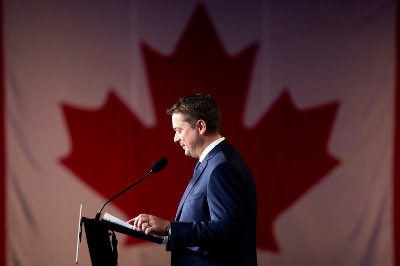 Conservative leader Andrew Scheer addresses supporters after announcement of federal election results in Regina, Saskatchewan