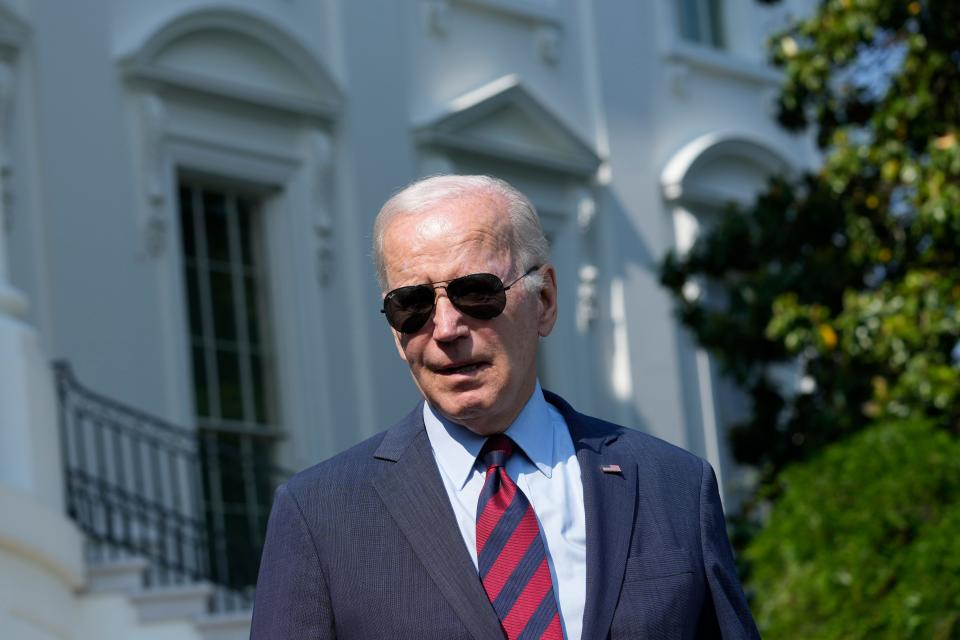 President Joe Biden talks with reporters on the South Lawn of the White House in Washington, Wednesday, May 31, 2023, before traveling to Colorado.