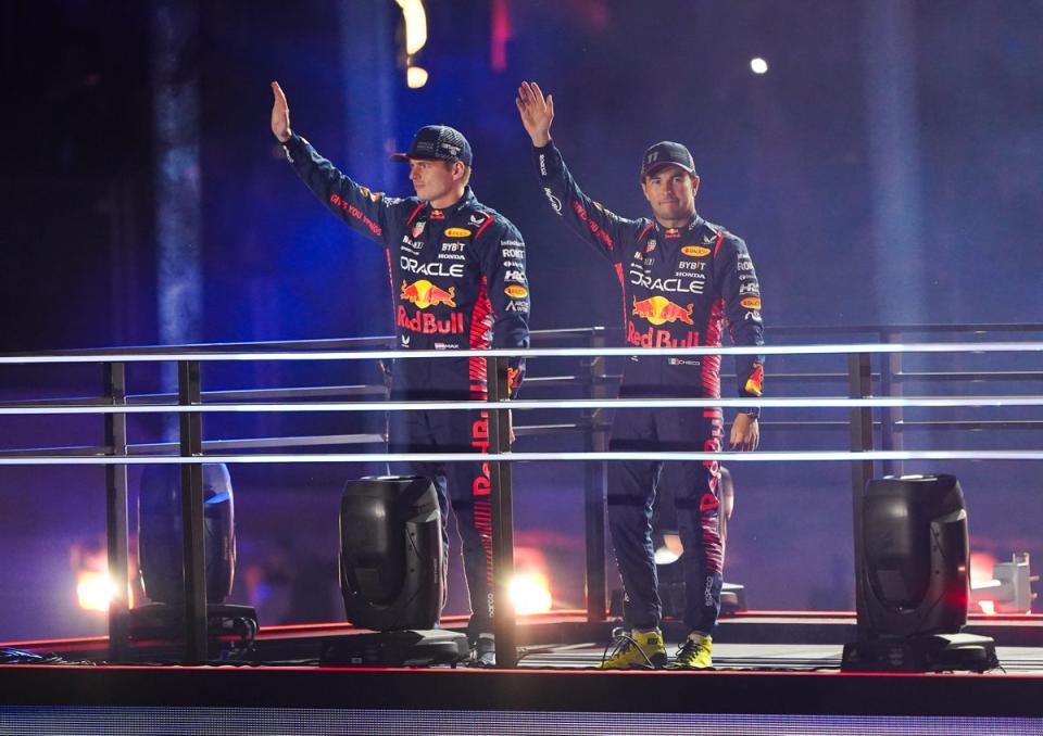 Verstappen (left, at the opening ceremony in Las Vegas last year) does not like the added razzmatazz around F1 (Getty for Heineken)