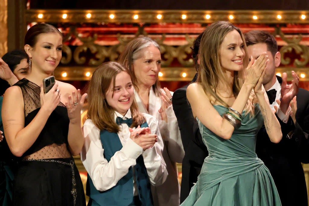 NEW YORK, NEW YORK - JUNE 16: Vivienne Jolie, Angelina Jolie and cast and crew accept the Best Musical award for 