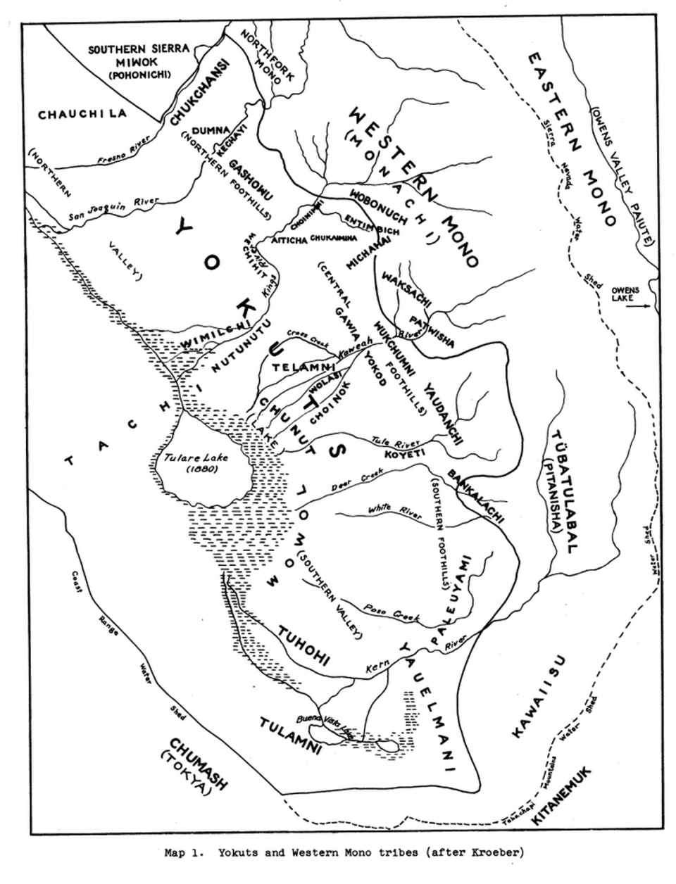 Screenshot of a map included in “Yokuts and Western Mono Ethnography I: Tulare Lake, Southern Valley, and Central Foothills Yokuts,” by anthropologist A.H. Gayton, published in 1948 by the University of California.