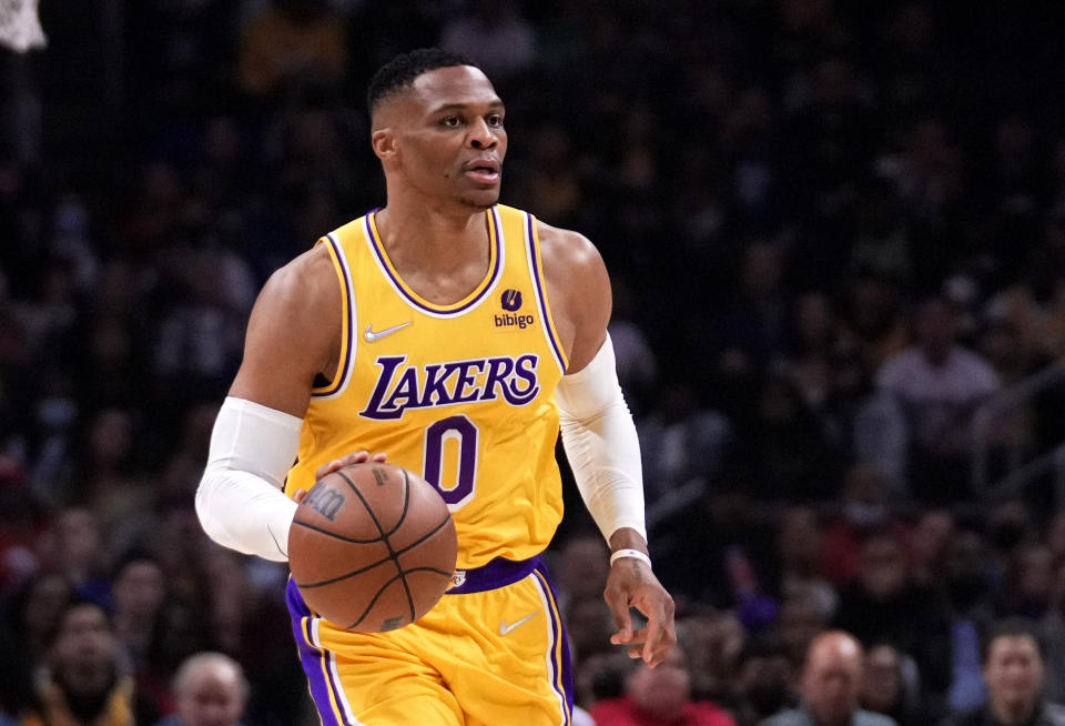 LOS ANGELES, CA - MARCH 03: Russell Westbrook #0 of the Los Angeles Lakers against the LA Clippers during the first half of an NBA basketball game at Crypto.com Arena on March 3, 2022 in Los Angeles.  (Photo by Keith Birmingham/Media News Group/Pasadena Star-News via Getty Images)