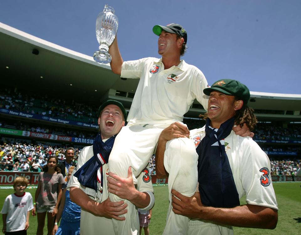 Michael Clarke and Andrew Symonds, pictured here carrying Shane Warne around the SCG after the 2007 Ashes series.