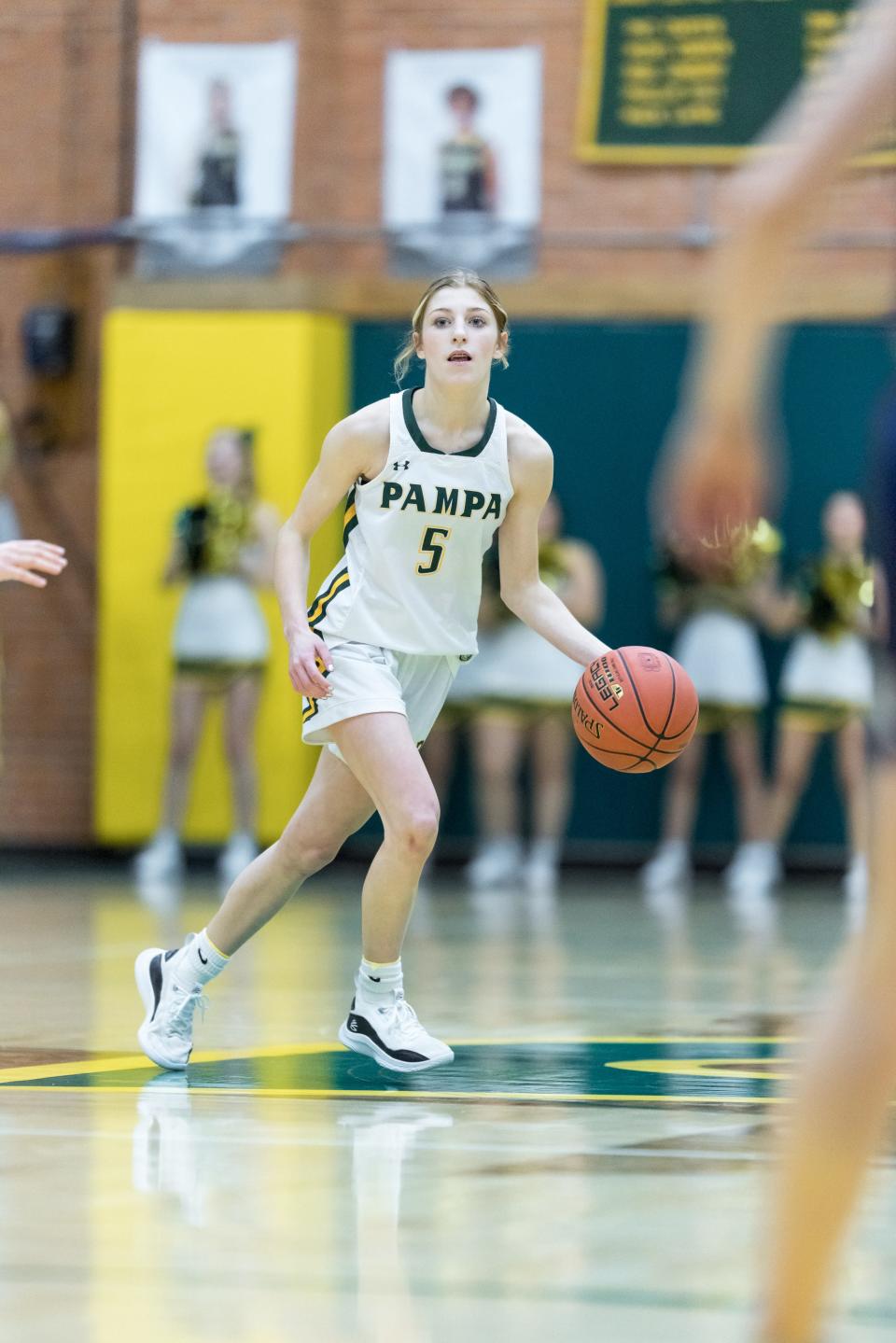 Pampa Harvester’s Berlin Bartlett (05) looks down the court during a district game against the Canyon Eagles on Friday, January 21, 2022 in Pampa, TX.