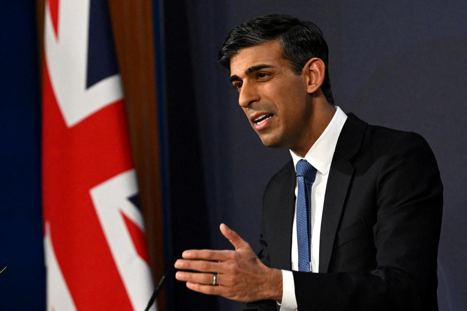 LONDON, ENGLAND - MARCH 07: Prime Minister Rishi Sunak speaks during a press conference following the launch of new legislation on migrant channel crossings at Downing Street on March 7, 2023 in London, United Kingdom. The new plan will ban refugees arriving in the UK by small boats from today from claiming asylum. Home Secretary Suella Braverman has said the new legislation 