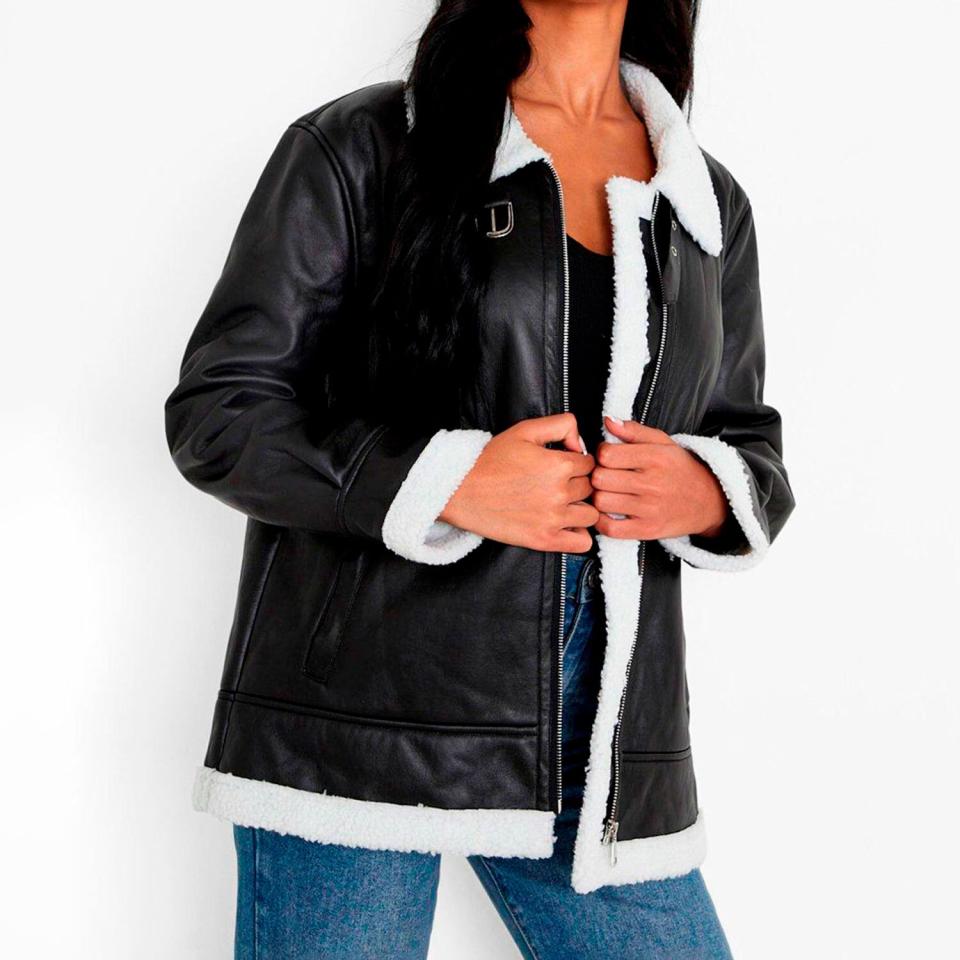 TALL OVERSIZED TEDDY FAUX FUR TRIM AVIATOR JACKET