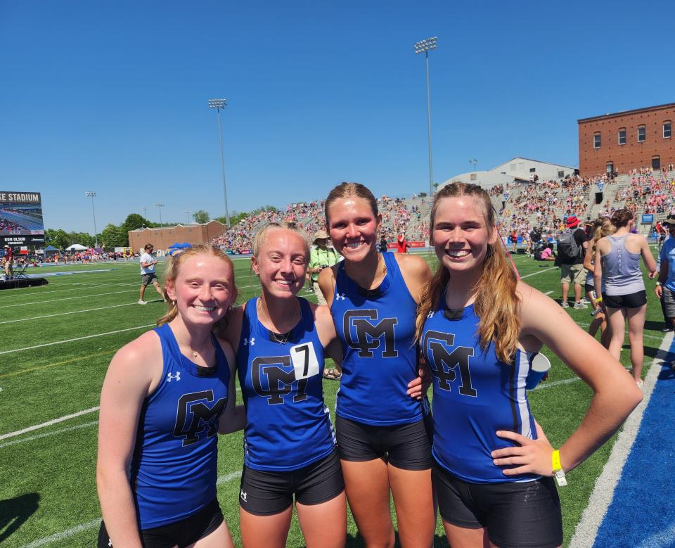 Collins-Maxwell's (from left) Cypress Erickson, Jayden Peters, Chloe Wierson and Hannah Kimberley placed seventh in the Class 1A girls distance medley relay Friday at the Iowa high school state track and field meet in Des Moines.