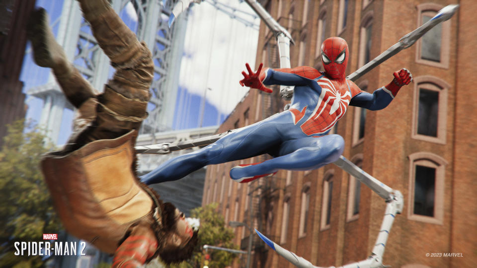 This video game image released by Sony Interactive Entertainment shows a scene from "Marvel's Spider-Man 2." (Sony Interactive Entertainment via AP)