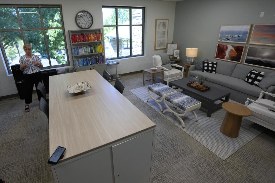 A remodeled lounge and work area at The Covenant School in Nashville, Tenn., is seen Tuesday, June 25, 2024. The school reopened a little over a year after three students and three adults were killed in a shooting at the school. (AP Photo/Mark Humphrey)