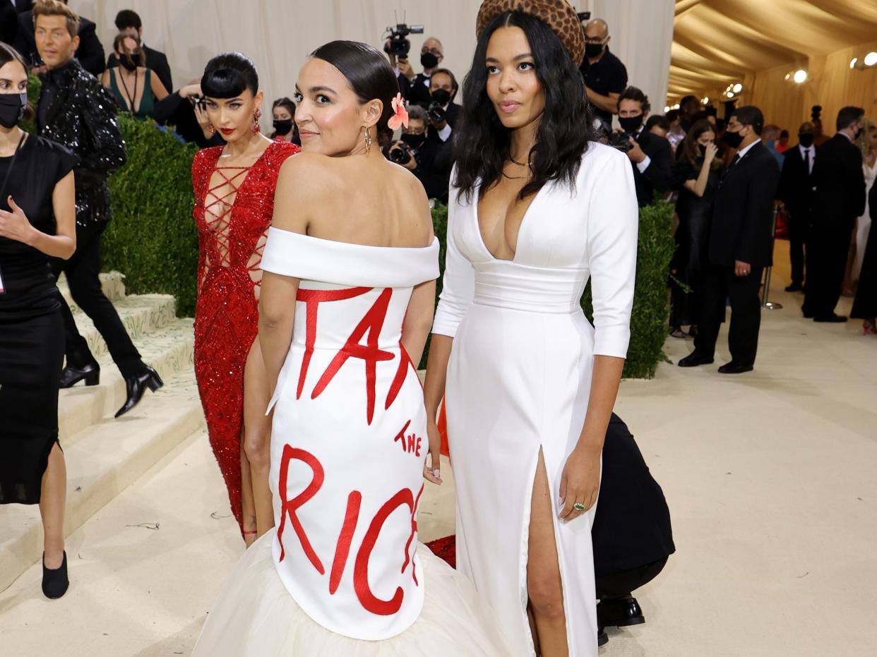 Alexandria Ocasio-Cortez and Aurora James attend The 2021 Met Gala Celebrating In America: A Lexicon Of Fashion at Metropolitan Museum of Art on September 13, 2021 in New York City (Getty Images)