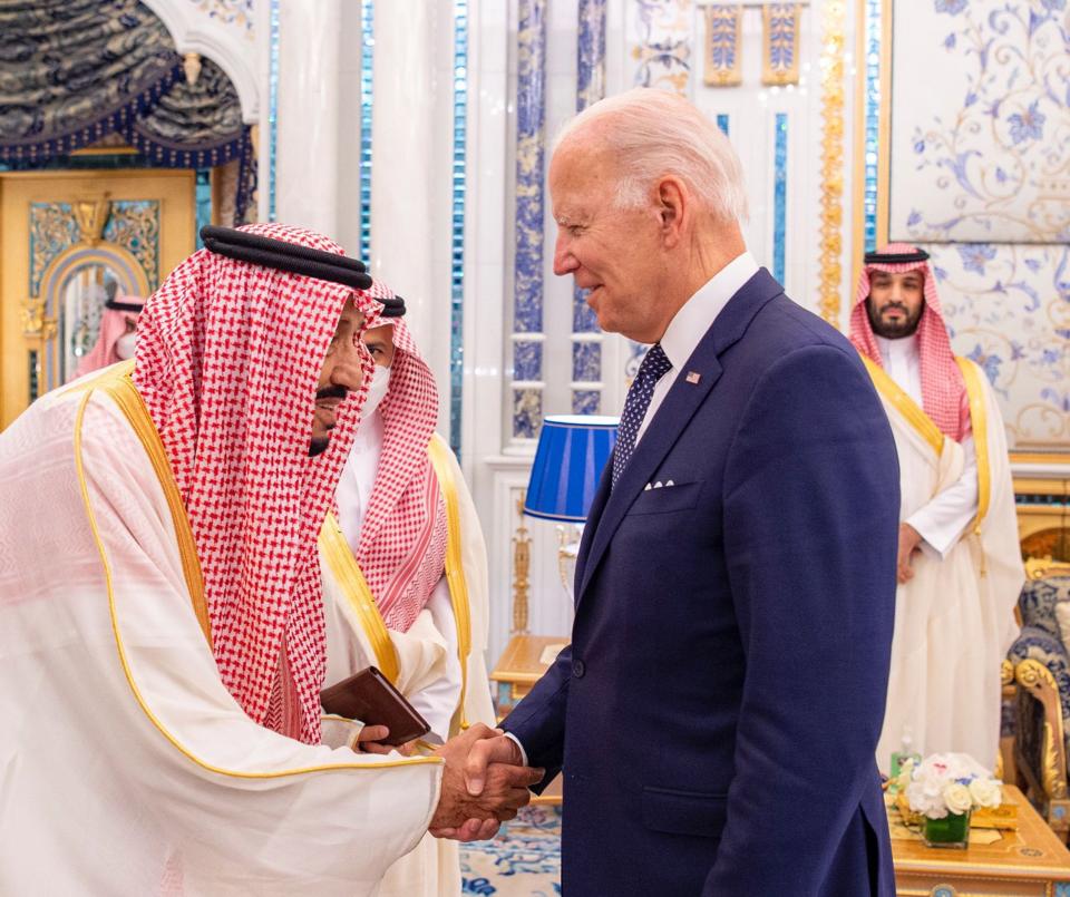 Saudi King Salman bin Abdulaziz Al Saud greets President Joe Biden (EPA)