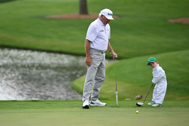 <p>Ben Jared/PGA TOUR via Getty</p> Fred Couples with Jordan Spieth's son, Sammy on April 10, 2024 in Augusta, Georgia