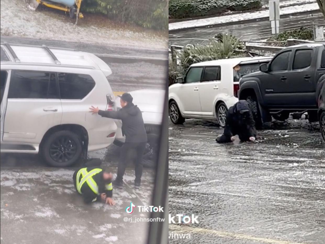 composite image of screenshots from tiktoks showing the impacts of the Seattle ice storm