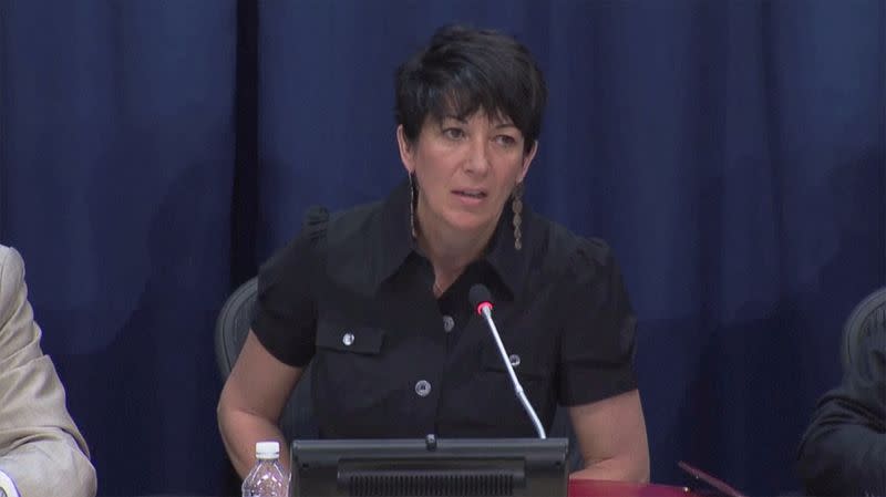 Ghislaine Maxwell speaks at a news conference at the United Nations in New York