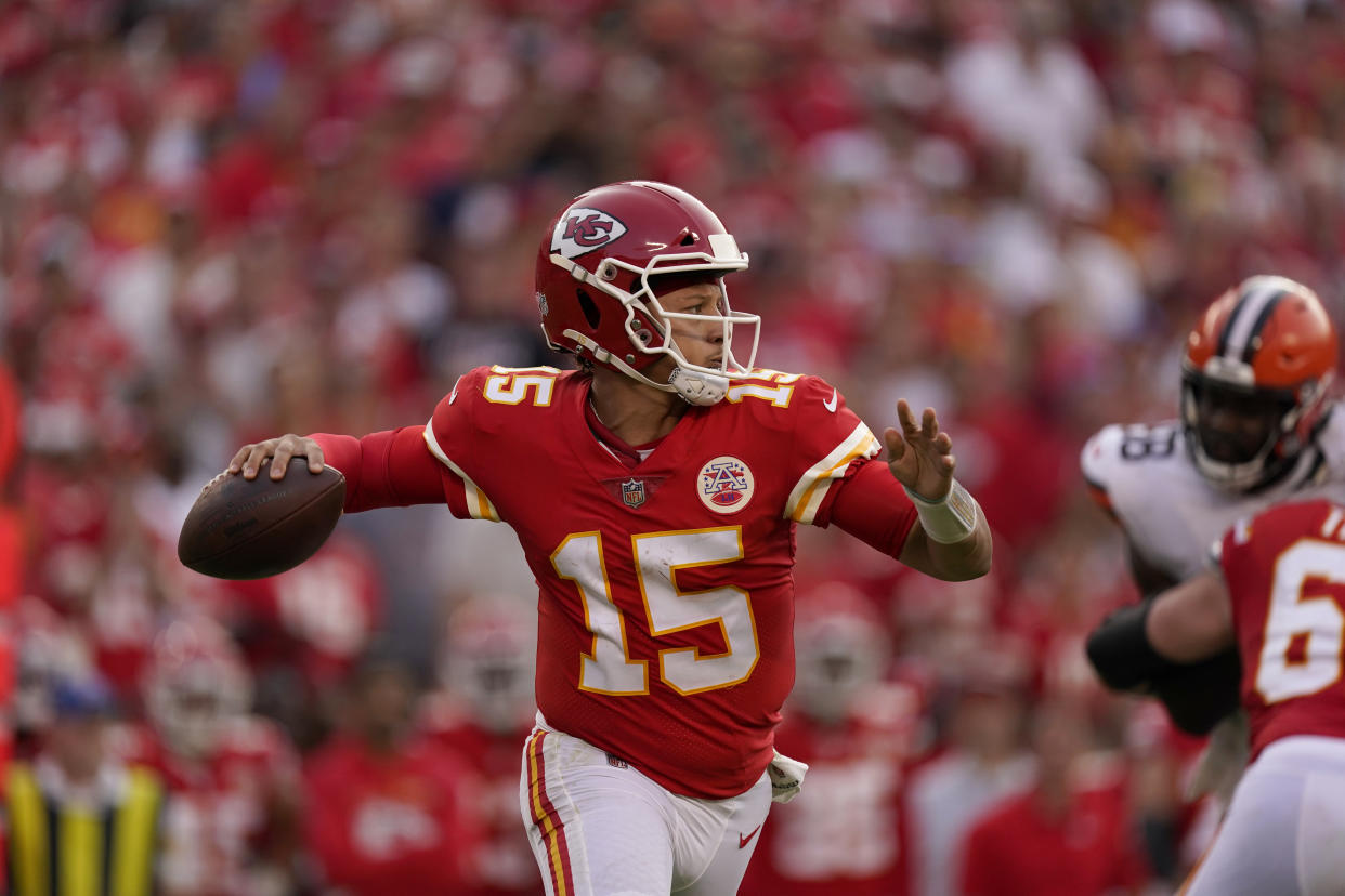 Kansas City Chiefs quarterback Patrick Mahomes will be featured on Sunday night in Week 2. (AP Photo/Charlie Riedel)