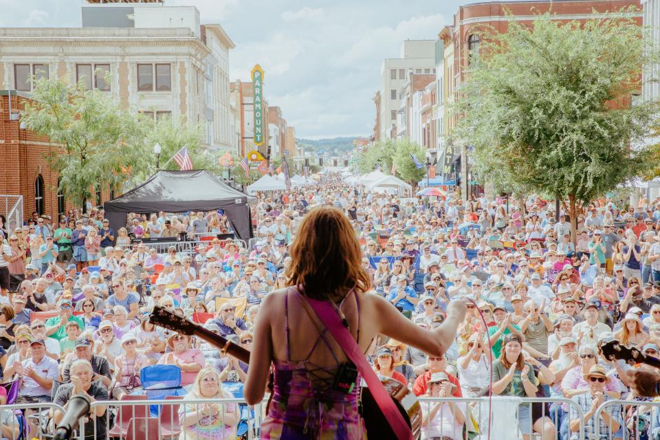 Grammy Award-winning artist Molly Tuttle performs from the State Street Stage at the 2022 Bristol Rhythm & Roots Reunion music festival in historic downtown Bristol.