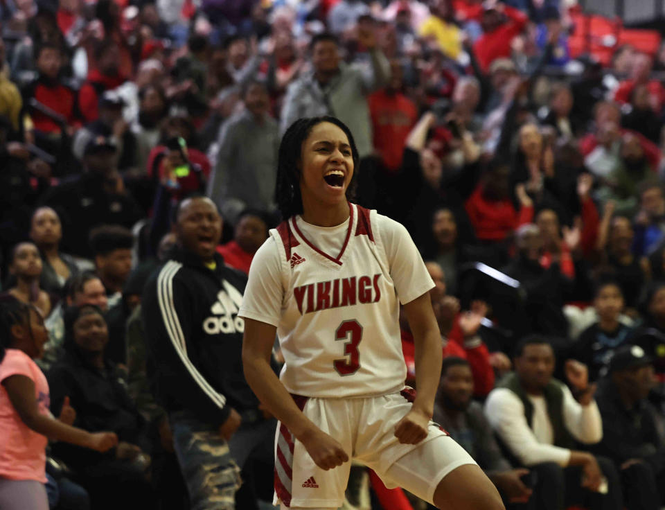 Princeton guard Mari Gerton reacts during the OHSAA Division I regional tournament game between Mason and Princeton Tuesday, Feb. 28, 2023.