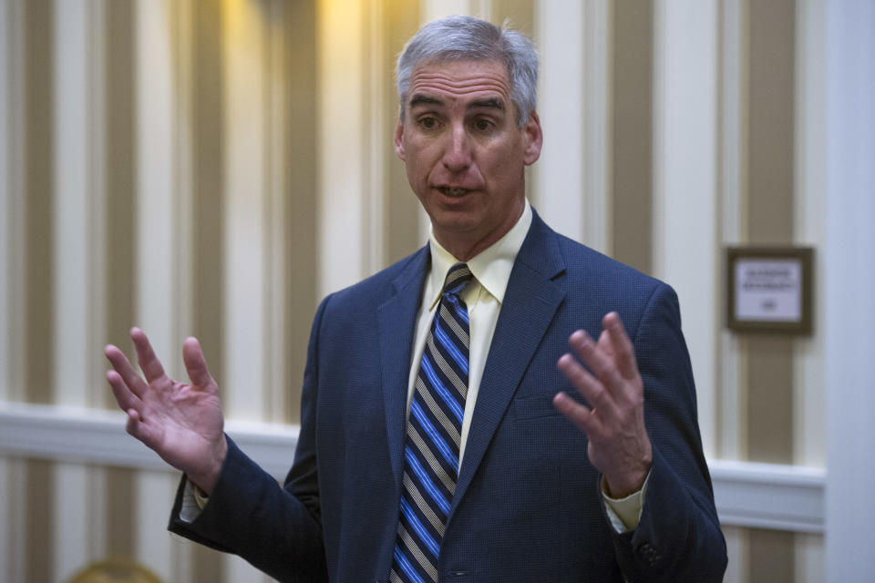 In this Jan. 16, 2015, file photo, Oliver Luck speaks with members of the media at the NCAA Convention in Oxon, Md. Luck is leaving his high-ranking position at the NCAA to become commissioner of the XFL, the second edition of professional wrestling mogul Vince McMahon’s football league. (AP file photo)