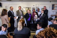 Congressmen Hakeem Jeffries (D-NY), Frank Pallone, (D-NJ), Carolyn Maloney (D-NY), Adriano Espaillat (D-NY), Jerrold Nadler (D-NY), and Albio Sires (D-NJ) stand inside of a Homeland Security facility in Elizabeth, NJ, U.S., June 17, 2018. REUTERS/Stephanie Keith