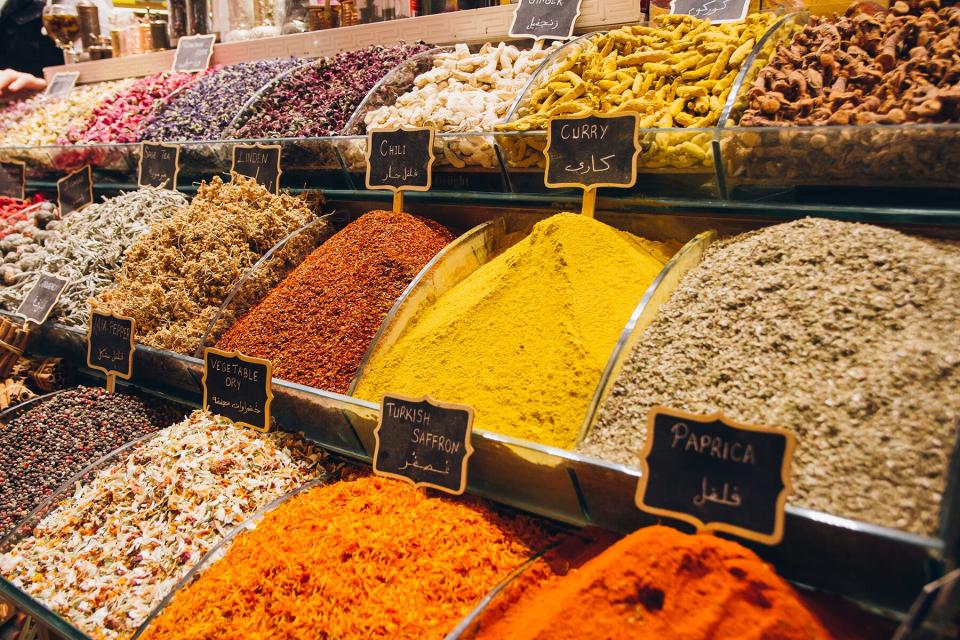 Traditional Turkish spices on the counter of the spice Bazaar in Istanbul