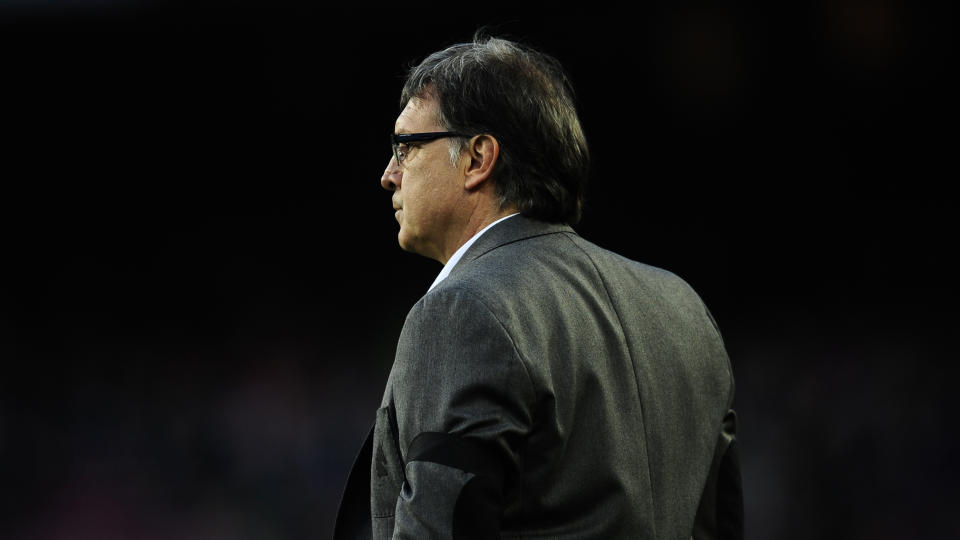 FC Barcelona's coach Gerardo Tata Martino looks on against Valencia during a Spanish La Liga soccer match at the Camp Nou stadium in Barcelona, Spain, Saturday, Feb. 1, 2014. (AP Photo/Manu Fernandez)