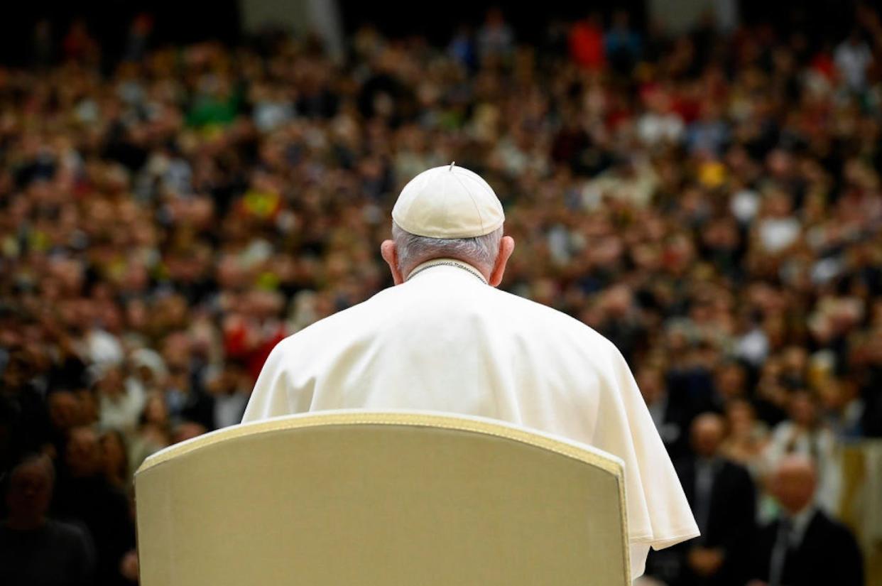 Pope Francis attends his weekly general audience in Vatican City on Feb. 15, 2023. <a href="https://www.gettyimages.com/detail/news-photo/pope-francis-attends-his-weekly-general-audience-at-the-news-photo/1466415224?phrase=%22pope%20francis%22&adppopup=true" rel="nofollow noopener" target="_blank" data-ylk="slk:Vatican Media via Vatican Pool/Getty Images;elm:context_link;itc:0;sec:content-canvas" class="link ">Vatican Media via Vatican Pool/Getty Images</a>