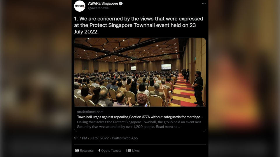 The Association of Women for Action and Research (AWARE) argued against the views expressed at a townhall event regarding Section 377A. (Screenshot: AWARE's Twitter)