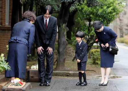 FILE PHOTO: Japan's Prince Hisahito is greeted upon arrival at Ochanomizu University's affiliated kindergarten in Tokyo