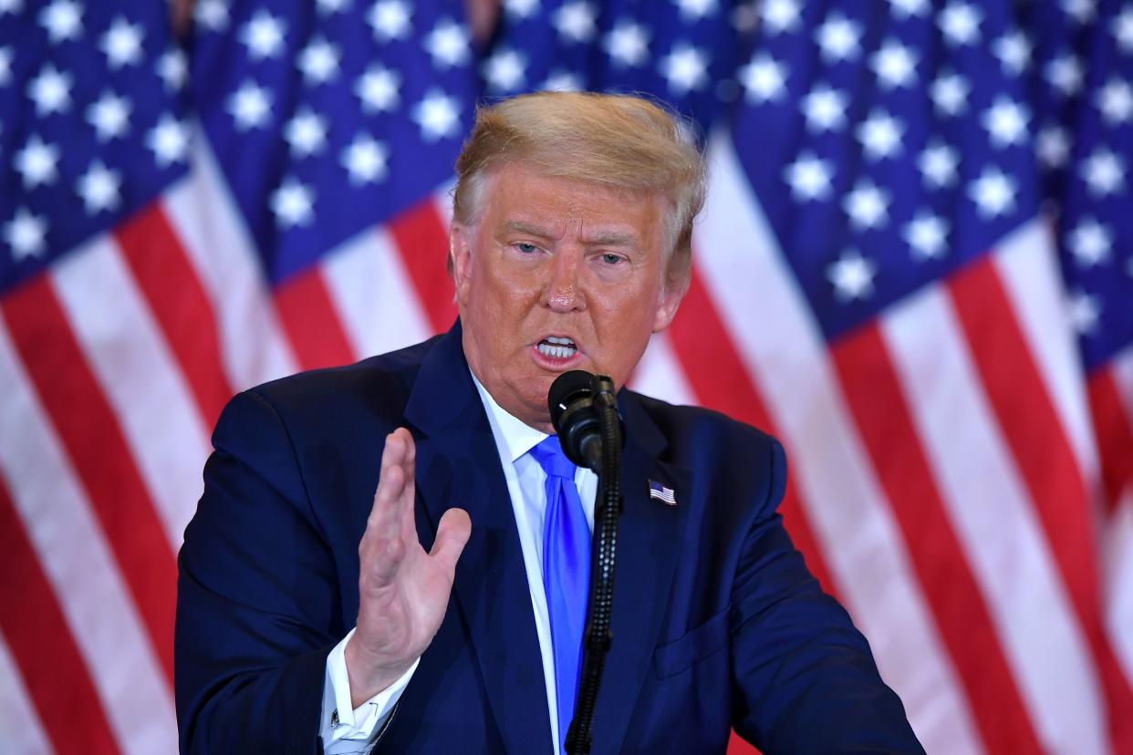 President Donald Trump speaks during election night in the East Room of the White House.