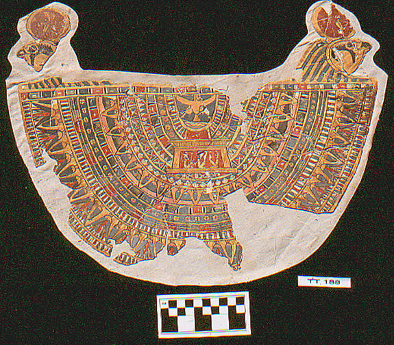 This 2,300-year-old collar, which was worn by a mummy, was discovered in fragments in a tomb in Thebes. The falcons in the top corners signify the god Horus, while the "Ba-bird" at top center represents the immortal soul of the deceased mummy.