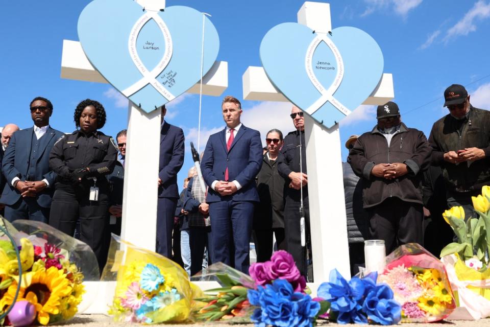 Community members gather at a vigil to remember victims of a recent deadly stabbing attack on March 28, 2024 in Rockford, Illinois. (Getty Images)