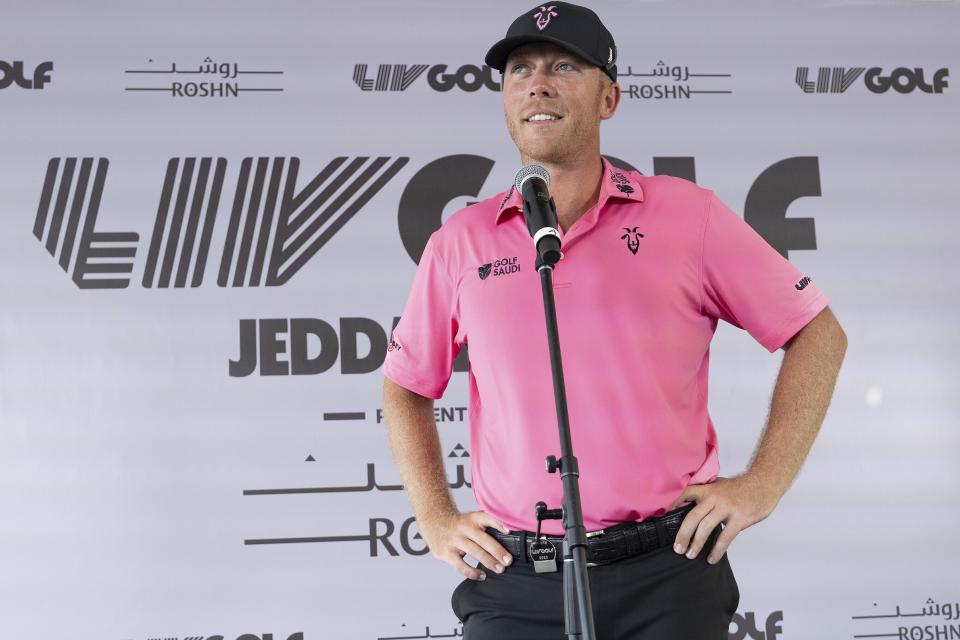 LIV Golf Jeddah Second Place finisher, Talor Gooch, of RangeGoats GC, speaks to the media after the playoff round of the LIV Golf Jeddah tournament at the Royal Greens Golf & Country Club on Sunday, Oct. 15, 2023, in King Abdullah Economic City, Saudi Arabia. (Chris Trotman/LIV Golf via AP)