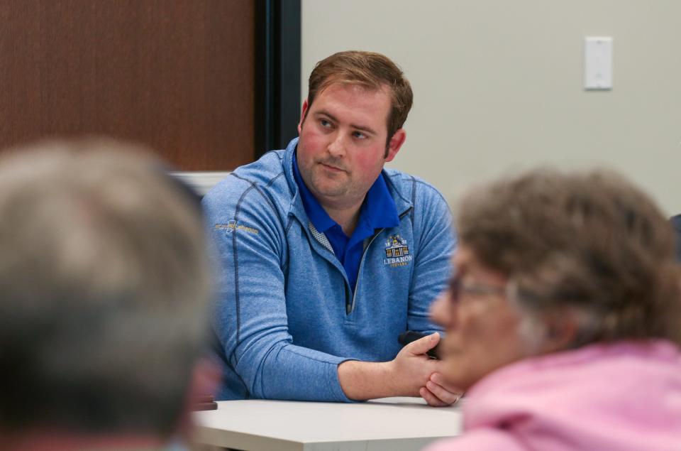 Matt Gentry Mayor of the City of Lebanon listens to residents as they express their frustration towards the LEAP project, at the Stop the Water Steal grassroots group's meeting, on Tuesday, March 21, 2024, in West Lafayette, Ind.