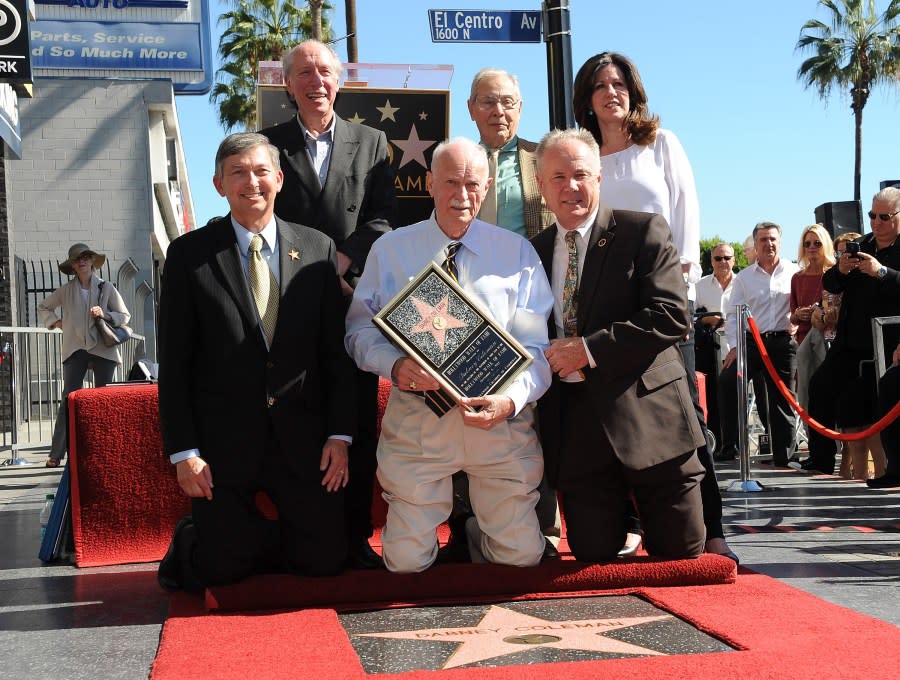 HOLLYWOOD, CA – NOVEMBER 06: (L-R) bottom President/CEO Leron Gubler, actor Dabney Coleman, Councilman Tom LaBonge, (L-R) Top Dennis Klein, Mark Rydell and guest honor Dabney Coleman with a Star on The Hollywood Walk of Fame on November 6, 2014 in Hollywood, California. (Photo by Angela Weiss/Getty Images)