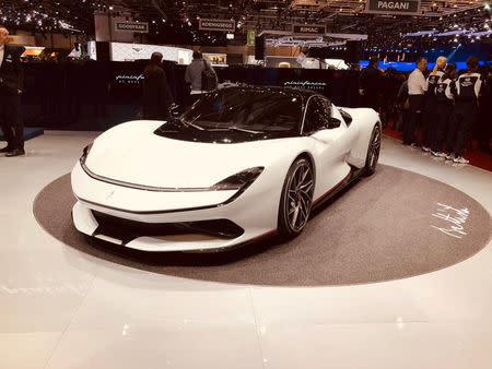 FILE PHOTO: Automobili Pininfarina's "Battista" electric hypercar is pictured at the Geneva Motor Show, in Geneva, Switzerland March 5, 2019. REUTERS/Edward Taylor