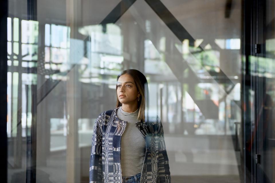 Zehra Ahmed, curator of Womxn in Windows, photographed in the building of the exhibition in Downtown L.A.